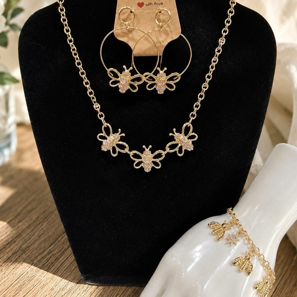 R.J. Graziano You Can Do It Bee Jewelry Set Necklace Bracelet Earrings Pink Rare